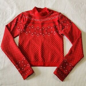Fabletics Womens Red Fair Isle Mock Neck Long Sleeve Seamless Sweater Top XS
